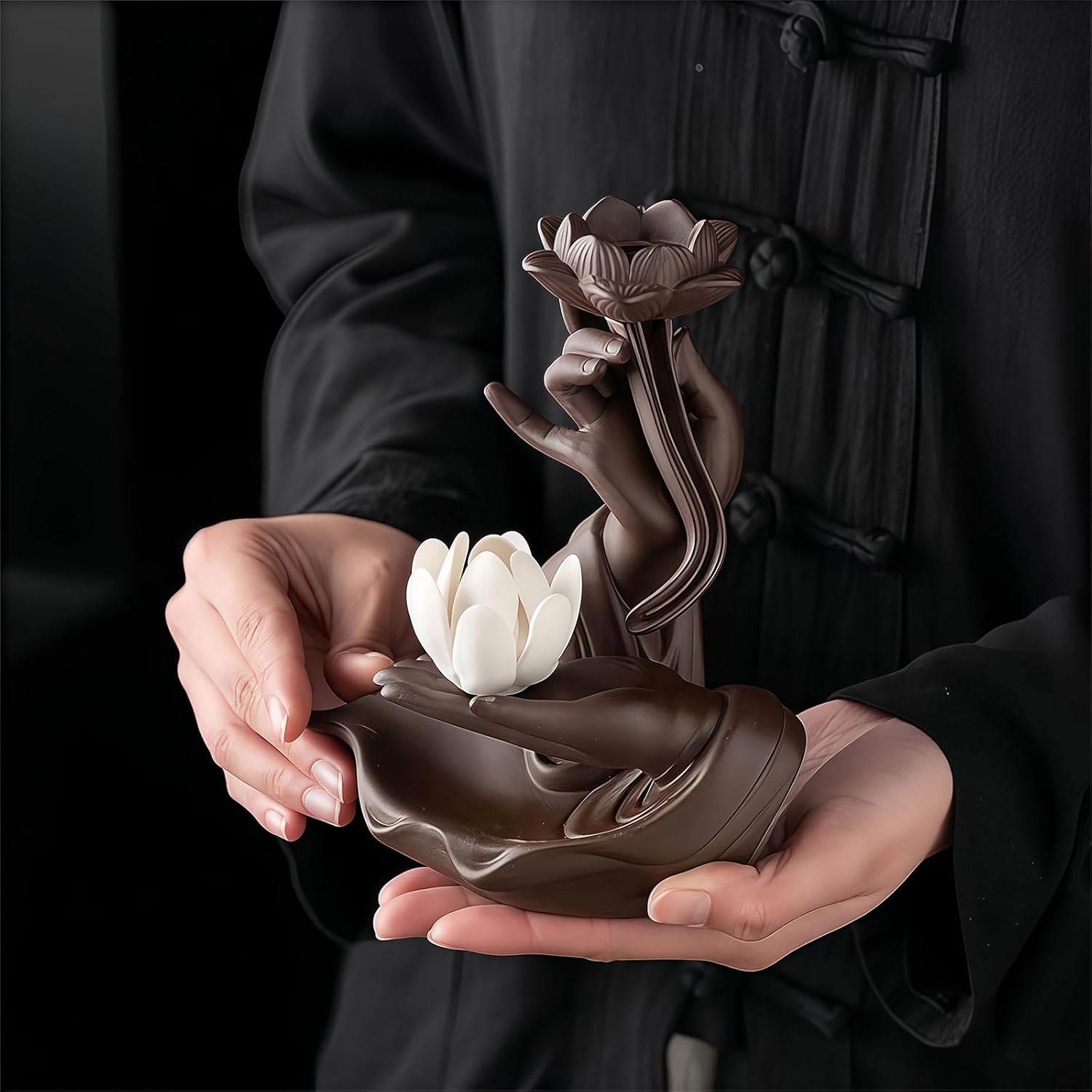 Lotus in Hand Cermaic Backflow Incense Burner,Waterfall Incense Burner with 50 Sandalwood Backflow Incense Holder Cones + 40 Incense Sticks,Incense Waterfall Fountain for Zen Decor