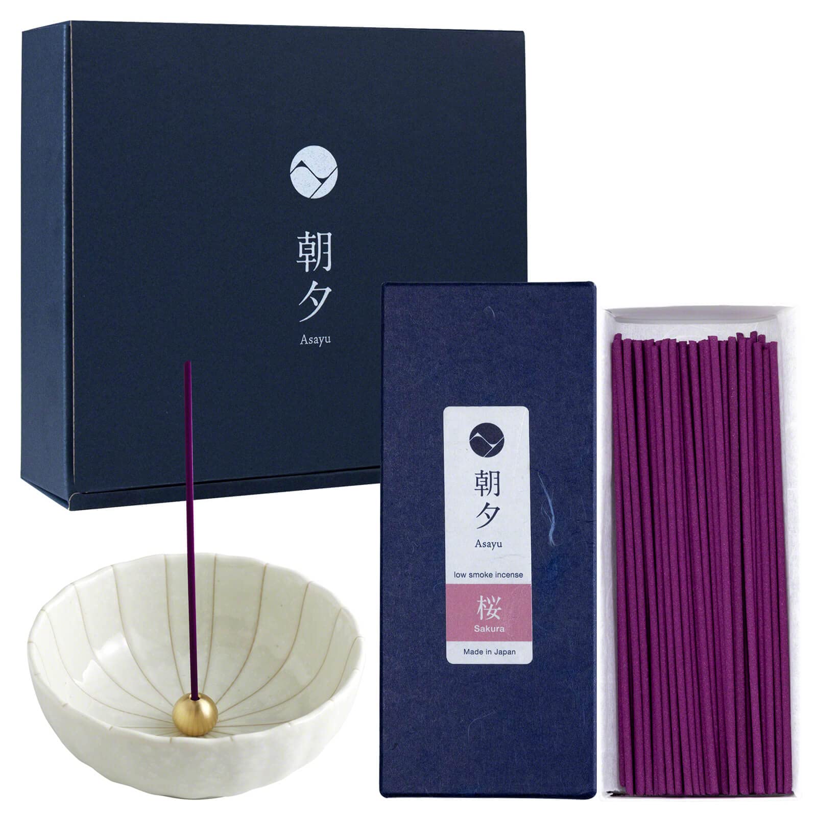 Gift Set: Sandalwood Incense Sticks & Navy Blue Lotus Holder by Asayu Japan