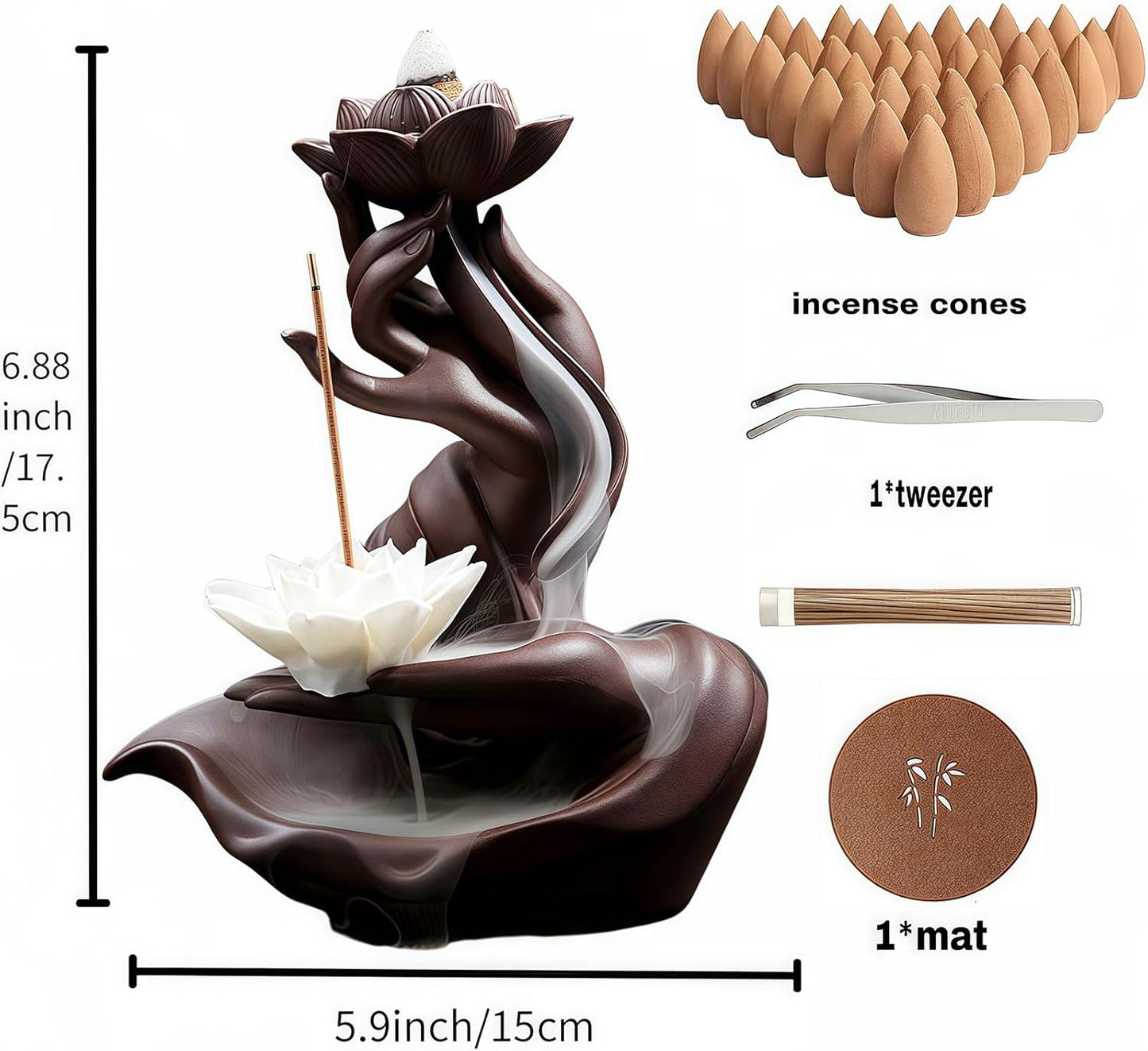 Lotus in Hand Cermaic Backflow Incense Burner,Waterfall Incense Burner with 50 Sandalwood Backflow Incense Holder Cones + 40 Incense Sticks,Incense Waterfall Fountain for Zen Decor