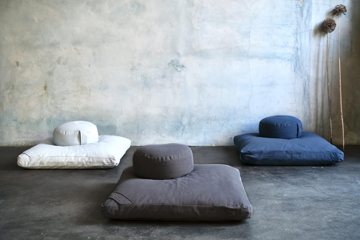 Meditation Cushion Set by renoo - Durable Comfortable Organic Cotton, Linen, Hemp - Modern Zafu Zabuton - Buckwheat Kapok Filled Floor Pillow Yoga Bolster in 15 Colors Washable Cover