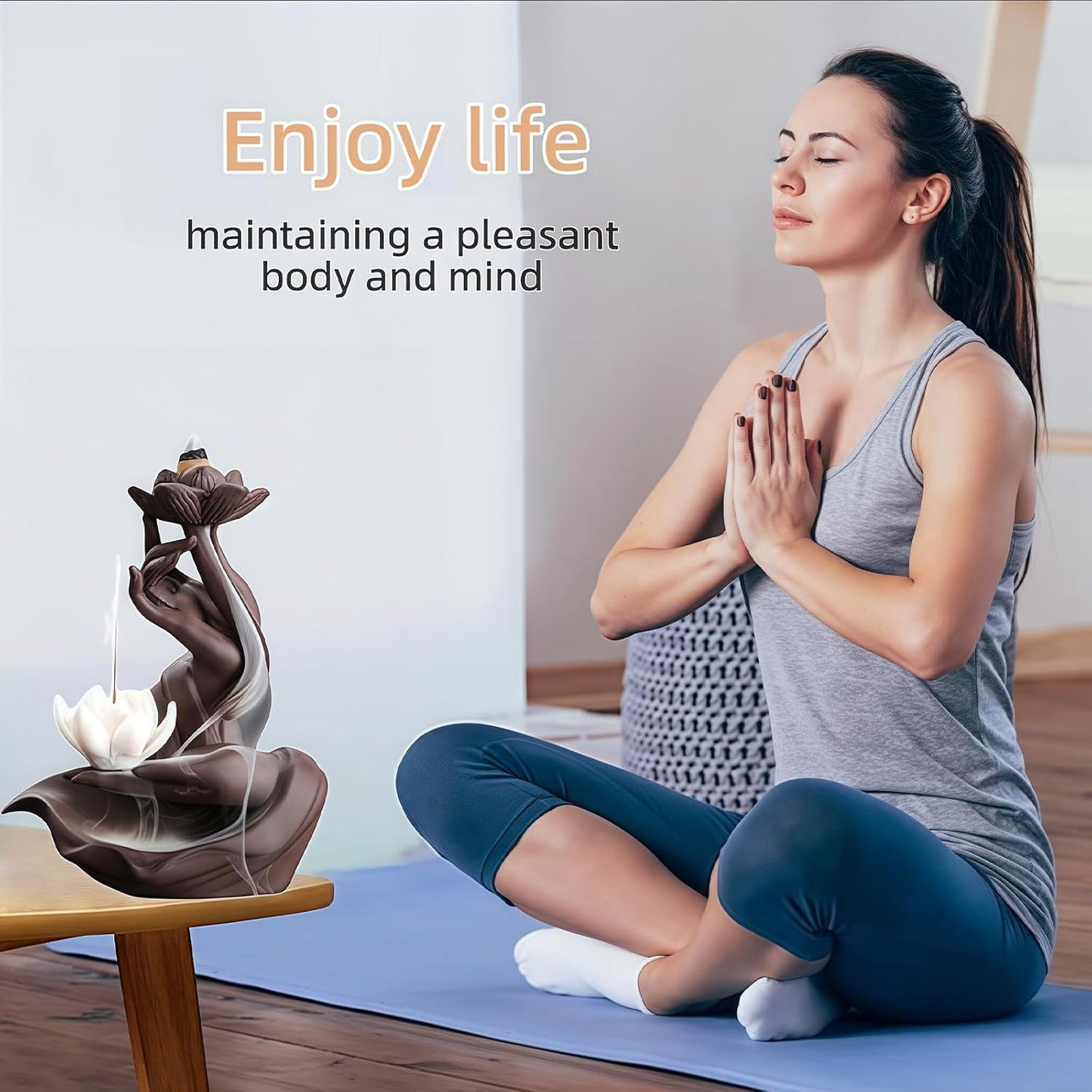 Lotus in Hand Cermaic Backflow Incense Burner,Waterfall Incense Burner with 50 Sandalwood Backflow Incense Holder Cones + 40 Incense Sticks,Incense Waterfall Fountain for Zen Decor