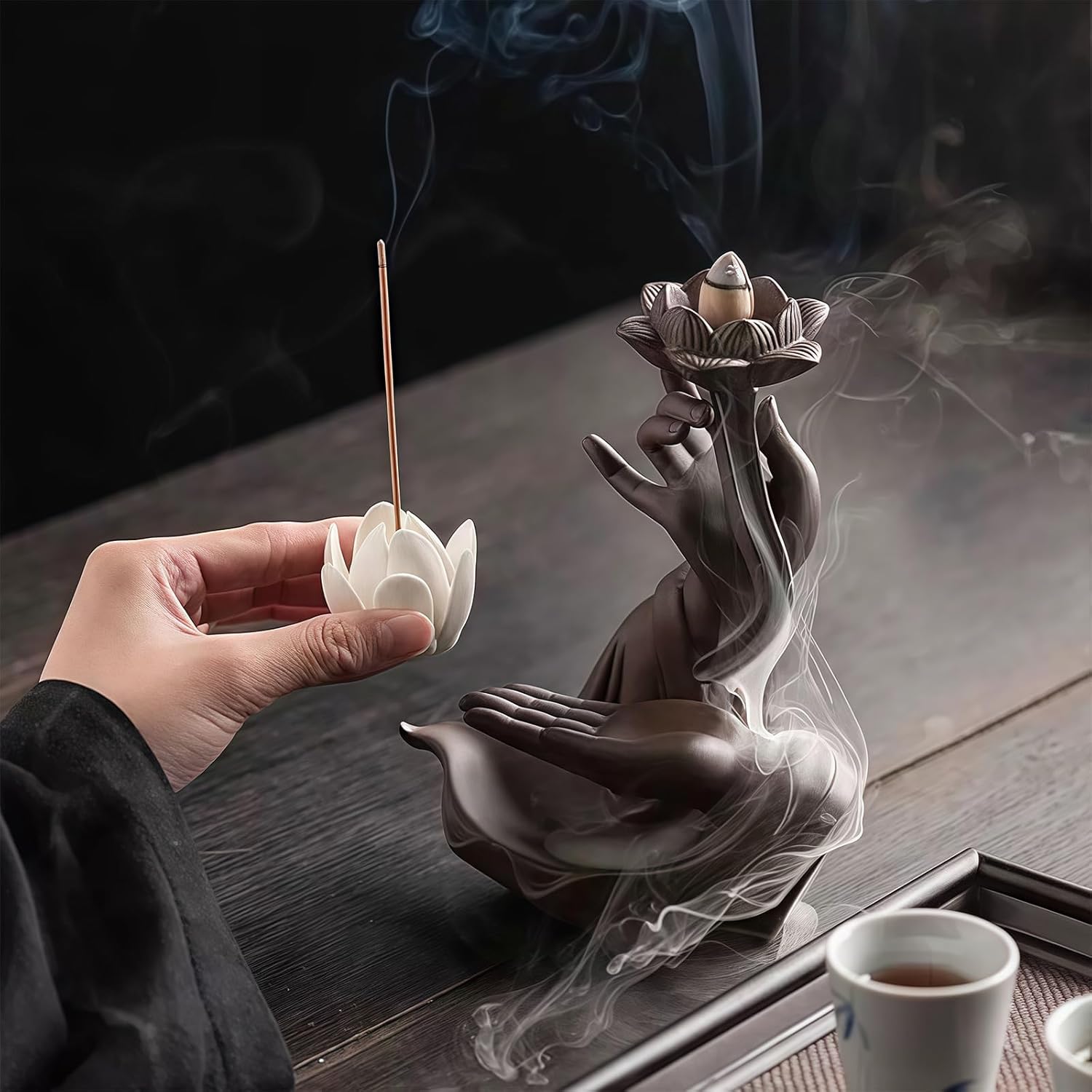 Lotus in Hand Cermaic Backflow Incense Burner,Waterfall Incense Burner with 50 Sandalwood Backflow Incense Holder Cones + 40 Incense Sticks,Incense Waterfall Fountain for Zen Decor