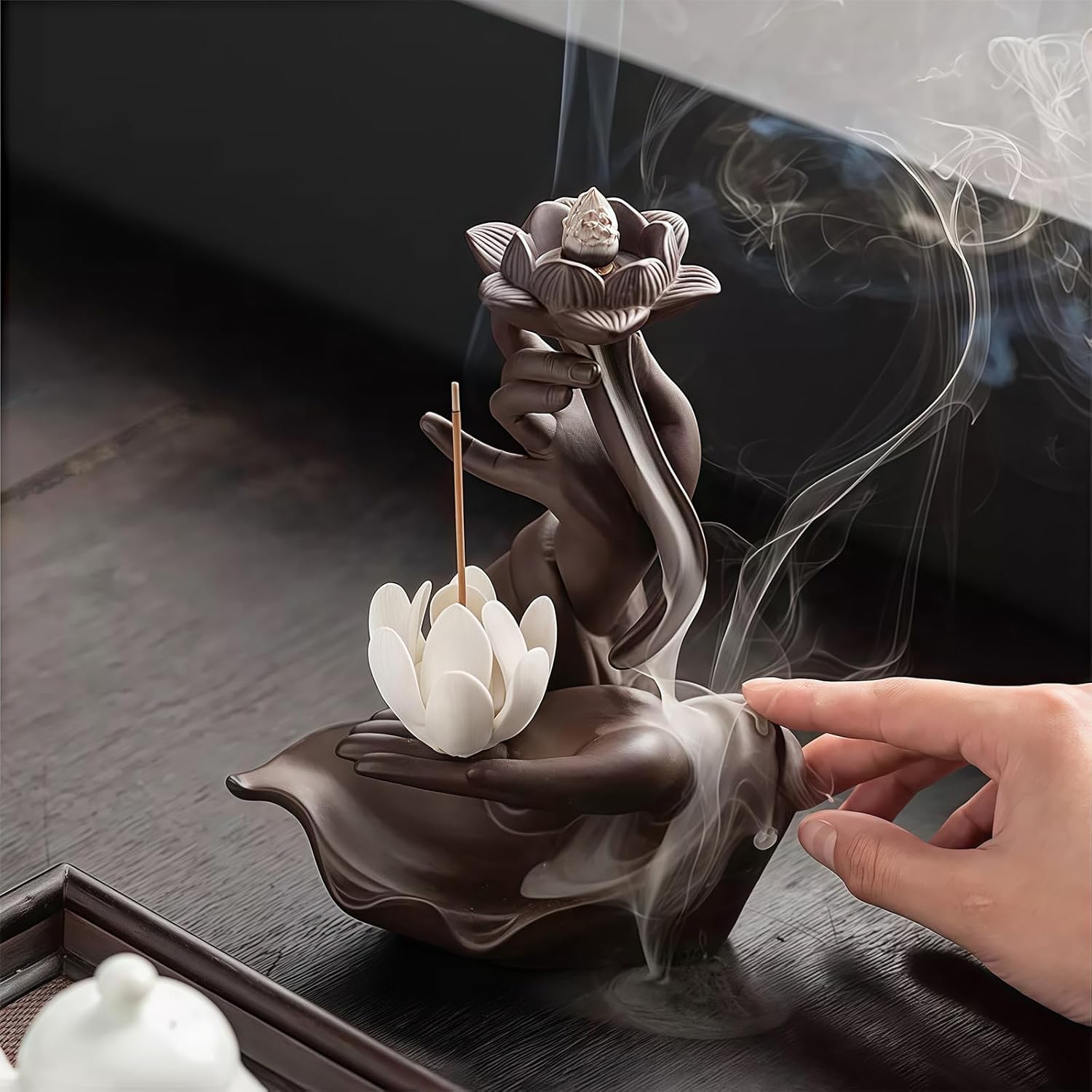 Lotus in Hand Cermaic Backflow Incense Burner,Waterfall Incense Burner with 50 Sandalwood Backflow Incense Holder Cones + 40 Incense Sticks,Incense Waterfall Fountain for Zen Decor