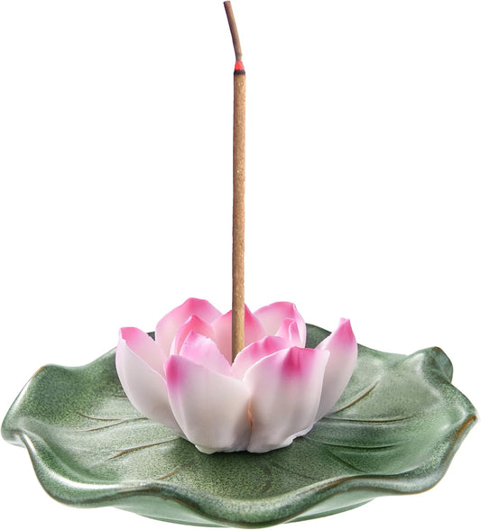 KR. LIF Lotus Incense Holder & Burner, Agarbatti Stand, Detachable Lotus Leaf Incense Tray, Ash Catcher for Altar, Sage & Palo Santo, Ceramic