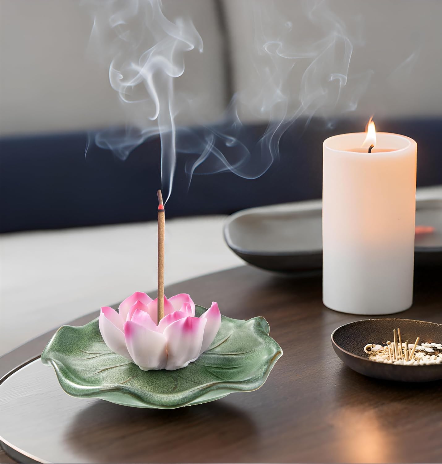 KR. LIF Lotus Incense Holder & Burner, Agarbatti Stand, Detachable Lotus Leaf Incense Tray, Ash Catcher for Altar, Sage & Palo Santo, Ceramic