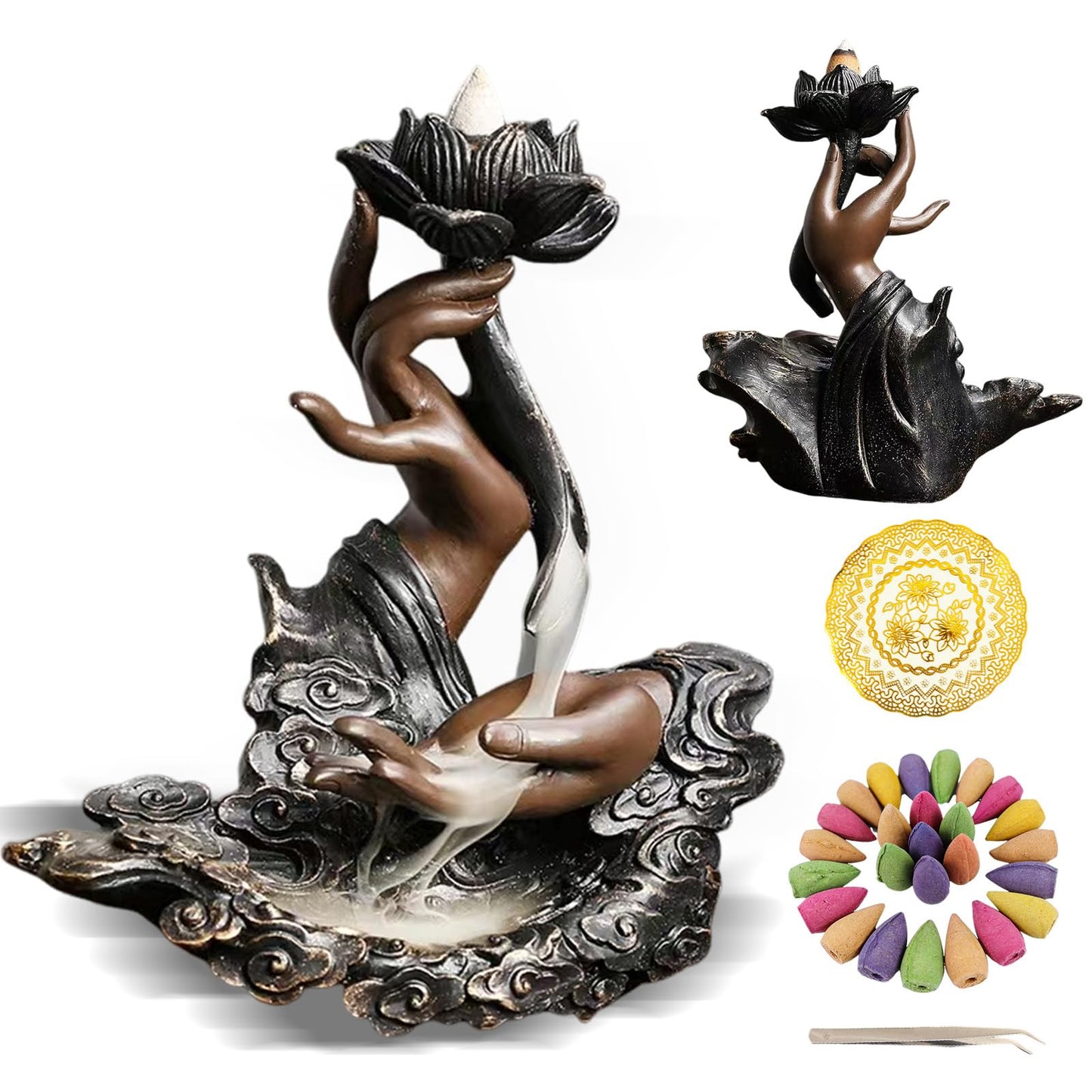 Lotus in Hand Cermaic Backflow Incense Burner,Waterfall Incense Burner with 50 Sandalwood Backflow Incense Holder Cones + 40 Incense Sticks,Incense Waterfall Fountain for Zen Decor