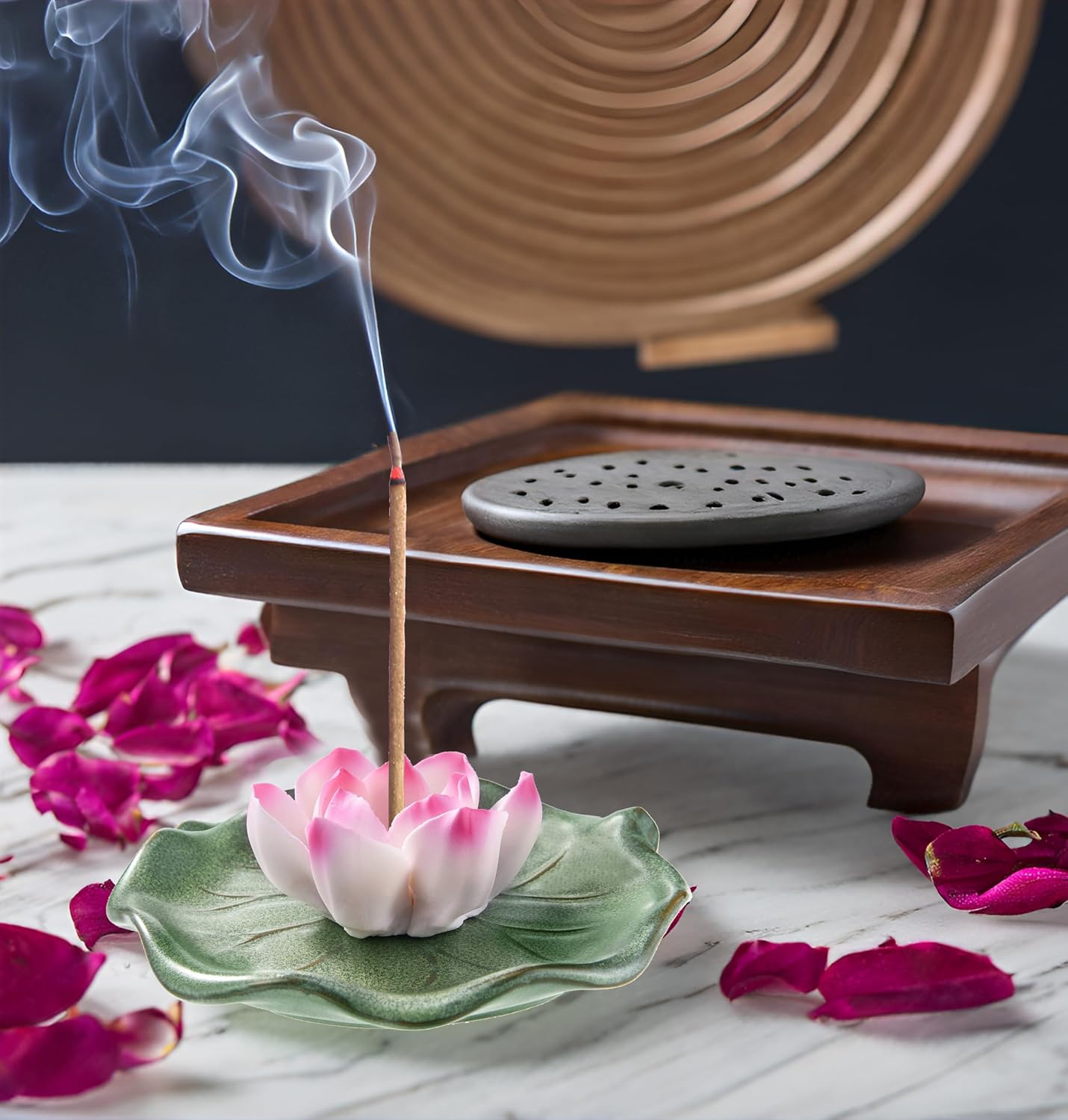 KR. LIF Lotus Incense Holder & Burner, Agarbatti Stand, Detachable Lotus Leaf Incense Tray, Ash Catcher for Altar, Sage & Palo Santo, Ceramic